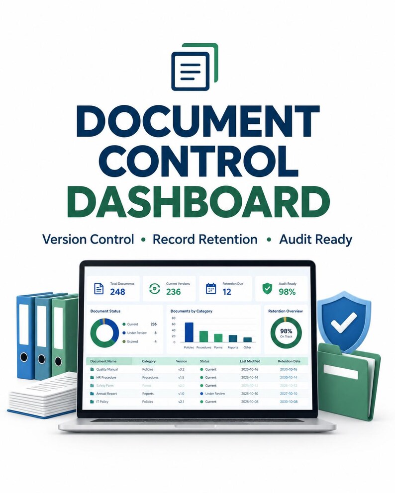 May include: A digital document control dashboard displayed on a laptop screen, featuring data visualizations, status charts, and metrics. The text reads Document Control Dashboard, Version Control, Record Retention, and Audit Ready.