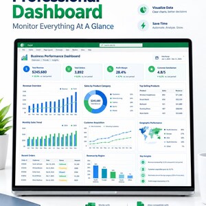 May include: A digital display showing a Professional Dashboard for business performance. The screen features an Excel interface with various charts, including bar graphs, a pie chart, and a world map, tracking revenue, sales, and customer data.