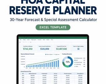Może przedstawiać: Ekran laptopa z szablonem Excel HOA Capital Reserve Planner, zawierający prognozę na 30 lat, kalkulator składek specjalnych, wykresy salda rezerw, wykres kołowy alokacji funduszy oraz tabelę rocznego planu rezerw.