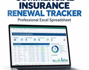 Może przedstawiać: Laptop wyświetlający arkusz kalkulacyjny Excel Commercial Insurance Renewal Tracker. Ekran pokazuje pulpit nawigacyjny z sumami polis, harmonogramami odnowień i wykresami. Tekst zawiera 7 Worksheets i Digital Excel Workbook.