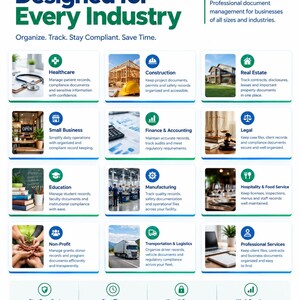 May include: A white informational flyer titled Designed for Every Industry, featuring a grid of twelve icons and text blocks representing sectors like Healthcare, Construction, Real Estate, Finance, Legal, Education, Manufacturing, Hospitality, Non-Profit, Logistics, and Professional Services.