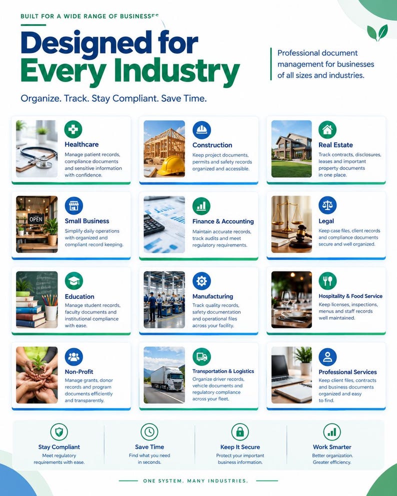 May include: A white informational flyer titled Designed for Every Industry, featuring a grid of twelve icons and text blocks representing sectors like Healthcare, Construction, Real Estate, Finance, Legal, Education, Manufacturing, Hospitality, Non-Profit, Logistics, and Professional Services.