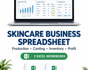 Może przedstawiać: Laptop wyświetlający pulpit nawigacyjny Skincare Business z danymi dotyczącymi produkcji, zapasów i kosztów. Poniżej znajduje się tekst Skincare Business Spreadsheet, Production, Costing, Inventory, Profit oraz 2 Excel Workbooks, z dwiema ikonami skoroszytów oznaczonymi jako Blank Workbook i Sample Workbook.