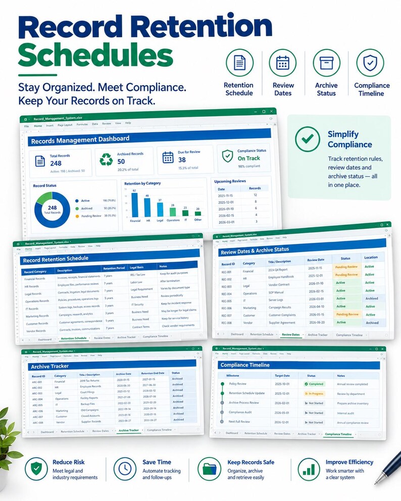 May include: A digital record retention schedule dashboard featuring multiple spreadsheet views for tracking records, review dates, archive status, and compliance timelines with blue and green headers and organized data tables.
