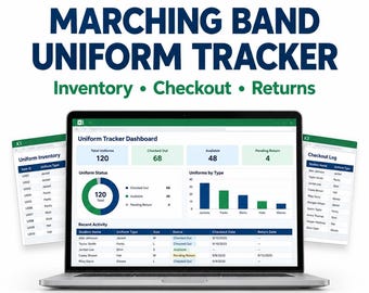 Może przedstawiać: Cyfrowy arkusz kalkulacyjny BandUniform Pro Marching Band Uniform Tracker na ekranie laptopa, zawierający pulpit nawigacyjny zapasów, dziennik wydań i wykresy statusu oraz ikony pustych i przykładowych skoroszytów.