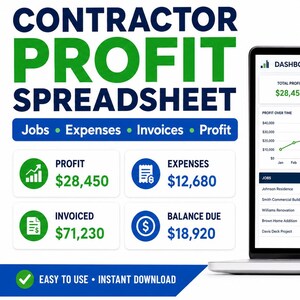 Könnte beinhalten: Eine digitale Gewinnkalkulationstabelle für Auftragnehmer auf einem Laptop-Bildschirm und einer grafischen Oberfläche. Der Text lautet CONTRACTOR PROFIT SPREADSHEET, Jobs, Expenses, Invoices, Profit, 28.450, 12.680, 71.230, 18.920 und EASY TO USE INSTANT DOWNLOAD.
