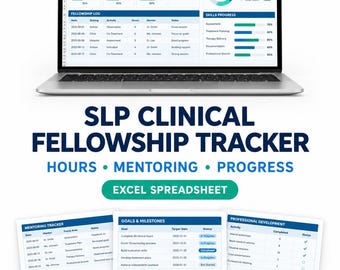 Może przedstawiać: Laptop wyświetlający arkusz kalkulacyjny Excel SLP Clinical Fellowship Tracker z tabelami danych, wykresami postępu i metrykami. Poniżej trzy wydrukowane strony pokazują śledzenie mentoringu, cele, kamienie milowe i rozwój zawodowy.