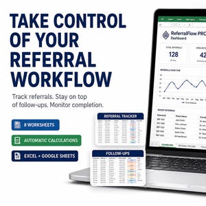 以下が含まれることがあります： ReferralFlow PROダッシュボードを表示するノートパソコンと、Referral TrackerおよびFollow-Upsとラベル付けされた2つの小さなオーバーレイウィンドウ。テキストには「Take control of your referral workflow, 8 worksheets, automatic calculations, Excel + Google Sheets」と記載されています。