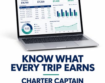 Może przedstawiać: Srebrny laptop wyświetlający pulpit nawigacyjny Charter Profit Overview z danymi finansowymi, wykresami i tabelami. Pod ekranem znajduje się tekst: KNOW WHAT EVERY TRIP EARNS, CHARTER CAPTAIN PROFIT TRACKER PRO, EXCEL FINANCIAL TRACKER.