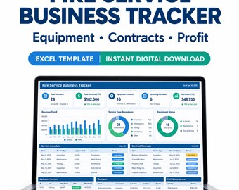 Fire Extinguisher Service Spreadsheet, Equipment Maintenance Tracker, Contract Renewal and Profit Dashboard