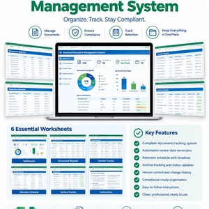 May include: A digital business document management system spreadsheet package featuring a central dashboard, document register, version tracker, retention schedule, and archive tracker. Includes six essential worksheets compatible with Excel and Google Sheets.
