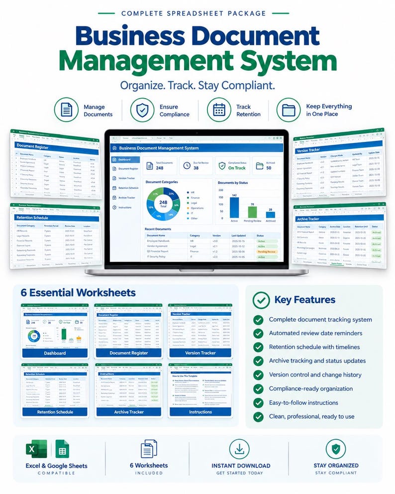 May include: A digital business document management system spreadsheet package featuring a central dashboard, document register, version tracker, retention schedule, and archive tracker. Includes six essential worksheets compatible with Excel and Google Sheets.