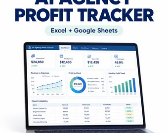 Może przedstawiać: Ekran laptopa wyświetlający pulpit nawigacyjny AI Agency Profit Tracker z danymi finansowymi, wykresami i tabelami. Interfejs zawiera sekcje dotyczące całkowitego przychodu, wydatków, zysku brutto i marż zysku w Excelu i Google Sheets.