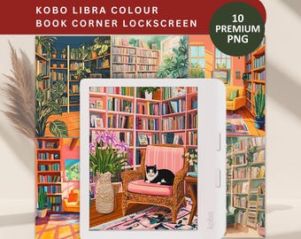 May include: A digital illustration featuring a Kobo Libra Colour e-reader displaying a cozy book corner scene. The scene includes bookshelves, a cat on a pink-striped chair, and vibrant colors. The image is labeled "10 Premium PNG."