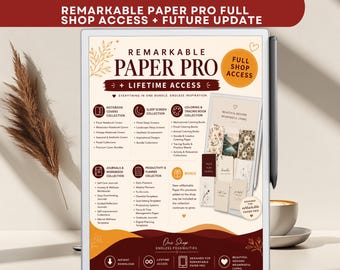May include: A digital tablet displaying a Remarkable Paper Pro full shop access advertisement. The screen features text lists for notebook covers, sleep screens, coloring books, journals, and planners, alongside a stylus and a coffee cup.