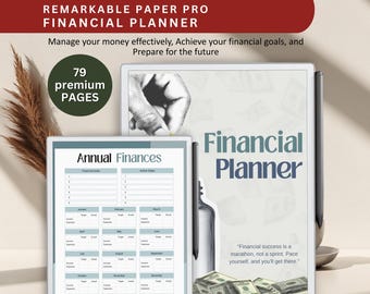 May include: A digital planner with the title "Financial Planner" and the text "Financial success is a marathon, not a sprint. Pace yourself, and you'll get there." The planner has a gray and white background with a hand drawn illustration of a hand holding a pen. The planner is on a white surface with a brown plant in the background.