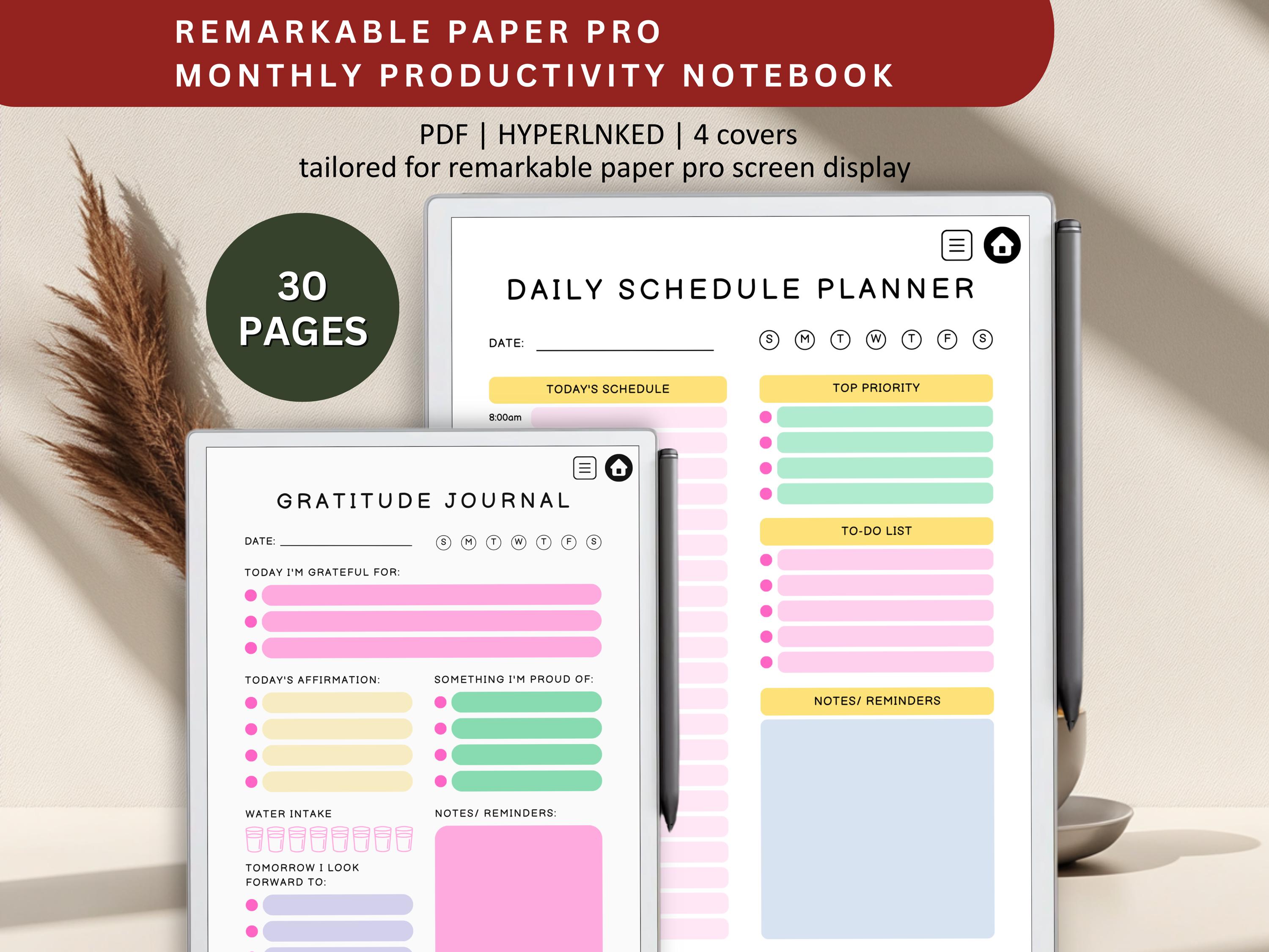 Monthly Productivity Notebook for Remarkable Paper Pro (PDF)
