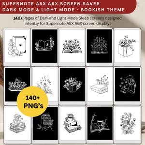 May include: A collection of 140+ black and white illustrations of books, flowers, and other bookish themes. These images are designed for use as sleep screens on Supernote A5X and A6X devices.