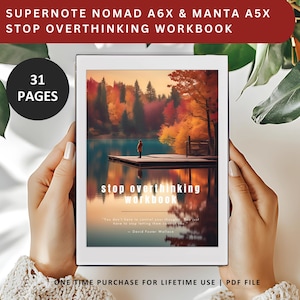 May include: A digital workbook titled "Stop Overthinking Workbook" with a fall landscape image on the cover. The workbook is 31 pages long and is available as a PDF download.