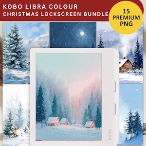 Op de afbeelding: Een witte Kobo Libra Colour e-reader toont een winterlandschap. De afbeelding is omgeven door andere digitale kunstwerken met een winterthema. De tekst "KOBO LIBRA COLOUR CHRISTMAS LOCKSCREEN BUNDLE" staat bovenaan, met een "15 PREMIUM PNG" badge.