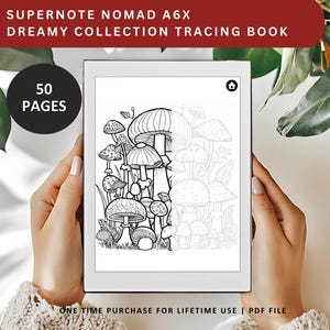 Może przedstawiać: Czarno-biała ilustracja grzybów na białym tle. Obraz jest wyświetlany na czytniku e-booków Supernote Nomad A6X. Tekst "50 STRON" jest wyświetlany w czarnym kółku po lewej stronie obrazu. Tekst "JEDNORAZOWY ZAKUP NA CAŁE ŻYCIE | PLIK PDF" jest wyświetlany na dole obrazu.