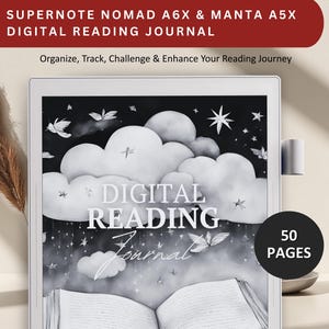 May include: A black and white digital reading journal with a watercolor illustration of clouds, stars, and a book. The text "DIGITAL READING Journal" is written in white on a black background. The journal has 50 pages.