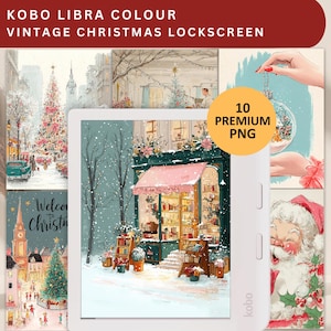 Op de afbeelding: Een Kobo Libra Colour e-reader toont digitale kunst met een vintage kerstthema. De kunstwerken omvatten besneeuwde straatscènes, kerstbomen en een winkel met een roze luifel. De afbeelding is gelabeld met "10 Premium PNG".