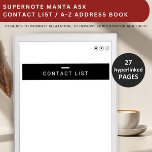 May include: A white notebook with a black header that says "CONTACT LIST" and a black circle with white text that says "27 hyperlinked PAGES".