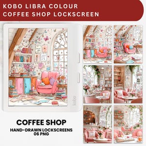 Kobo Libra Coffee Shop Lock Screen: Hand-Drawn Bookish Digital Saver (PNGs)