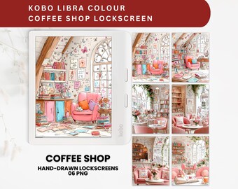 May include: A Kobo Libra Colour e-reader displays a coffee shop-themed digital illustration. The image features a cozy room with a pink armchair, bookshelves, and the text "COFFEE SHOP HAND-DRAWN LOCKSCREENS 06 PNG".