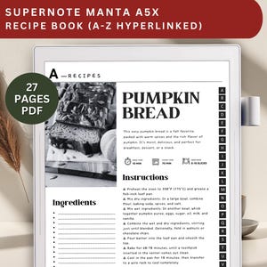 Puede incluir: Un libro de recetas digital para el Supernote Manta A5X, con una receta de pan de calabaza. El libro tiene 27 páginas en formato PDF y está hipervinculado de la A a la Z. La receta incluye ingredientes e instrucciones de horneado. La imagen muestra un pan de calabaza.