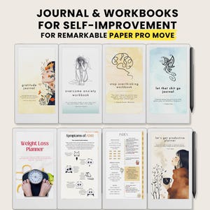 May include: Digital journals and workbooks for self-improvement, designed for the Remarkable Paper Pro Move. The image shows various covers with titles such as 'Gratitude Journal' and 'Weight Loss Planner'. Each features unique illustrations and text.