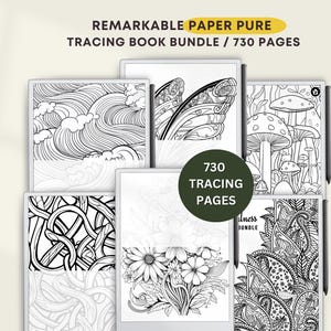 May include: A digital tracing book bundle for Remarkable Paper Pure featuring 730 pages. The display shows various black and white line art designs including swirling waves, butterfly wings, mushrooms, tangled lines, floral arrangements, and paisley patterns.