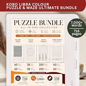 May include: A white Kobo Libra Colour e-reader displaying a Puzzle & Maze Ultimate Bundle. The screen shows a collection of 358 puzzles, including square mazes, circle mazes, and word searches, totaling 7,000+ words and 716 pages of content.