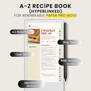 Puede incluir: Un libro de recetas digital para el Remarkable Paper Pro Move, con una receta de pan de calabaza. La pantalla muestra la receta con secciones para ingredientes, tiempo de cocción y preparación. Un lápiz óptico está al lado de la tableta.