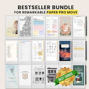 Puede incluir: Una colección de plantillas digitales para el Remarkable Paper Pro Move, que incluye un diario de gratitud, un planificador semanal y páginas de estilo de vida. La imagen muestra varias plantillas con diseños coloridos y en blanco y negro, con el texto "BESTSELLER BUNDLE".