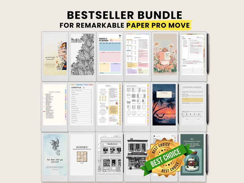 May include: A collection of digital templates for the Remarkable Paper Pro Move, including a gratitude journal, weekly planner, and lifestyle pages. The image displays various templates with colorful and black and white designs, with the text "BESTSELLER BUNDLE".