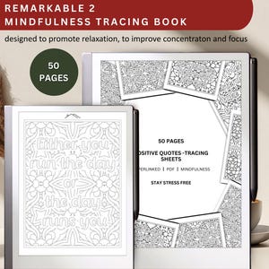 May include: A black and white printable tracing book with 50 pages of positive quotes. The cover features a quote that reads "Either you run the day or the day runs you".