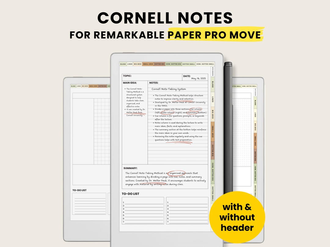 Cornell Notes Template for Remarkable Paper Pro Move Device ...