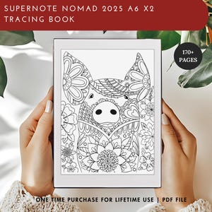 May include: Black and white digital illustration of a pig with floral patterns. The image is displayed on a tablet screen. The text "170+ PAGES" is visible in the upper right corner of the image.