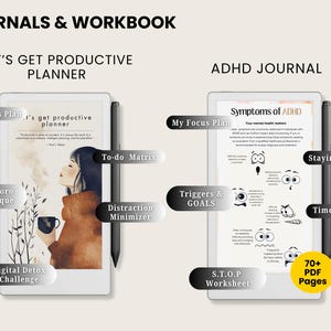May include: Digital journals and workbooks are displayed. One is a "Let's Get Productive Planner" with a woman holding a mug. The other is an "ADHD Journal" with symptom information. Both have a stylus and feature labels like "My Focus Plan" and "To-do Matrix".