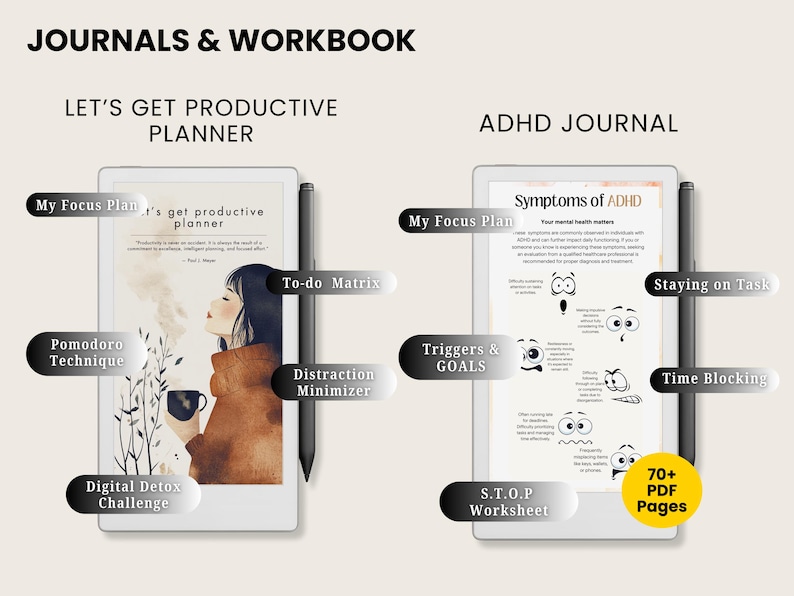 May include: Digital journals and workbooks are displayed. One is a "Let's Get Productive Planner" with a woman holding a mug. The other is an "ADHD Journal" with symptom information. Both have a stylus and feature labels like "My Focus Plan" and "To-do Matrix".
