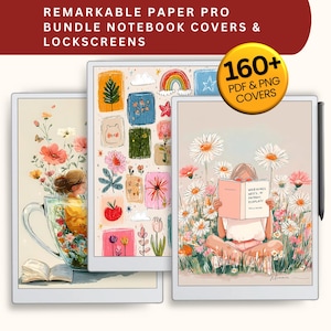 Könnte beinhalten: Ein Bundle digitaler Notizbuch-Cover und Lockscreens für Remarkable Paper Pro Tablets. Das Bild zeigt drei verschiedene Designs: eine Blumenvase, eine Sammlung farbenfroher Illustrationen und eine lesende Frau in einem Gänseblümchenfeld. Das Bundle enthält über 160 PDF- und PNG-Cover.