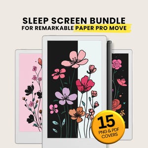 May include: A digital screen bundle for the Remarkable Paper Pro Move, featuring floral designs. The image shows three tablets with different floral patterns, including pink, black, and orange flowers. The bundle includes 15 PNG and PDF covers.