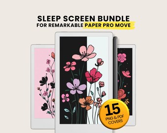Peut inclure: Un ensemble d'écrans numériques pour le Remarkable Paper Pro Move, avec des motifs floraux. L'image montre trois tablettes avec différents motifs floraux, dont des fleurs roses, noires et oranges. L'ensemble comprend 15 couvertures PNG et PDF.