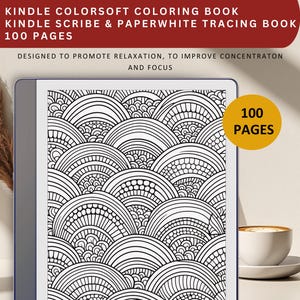Op de afbeelding: Een digitaal kleurboek in zwart-wit met een patroon van overlappende gebogen lijnen. Het boek wordt weergegeven op een Kindle e-reader en heeft een titel die luidt "Kindle Colorsoft Coloring Book Kindle Scribe & Paperwhite Tracing Book 100 Pages". Het boek is ontworpen om ontspanning te bevorderen en de concentratie en focus te verbeteren. Het boek heeft 100 pagina's.