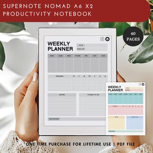 May include: A digital planner template for a weekly planner. The template is displayed on a tablet screen and shows a weekly calendar with sections for tracking, notes, and things to do. The template is in black and white with a grey background. The text "WEEKLY PLANNER" is at the top of the template. The text "40 PAGES" is in the upper right corner of the image.