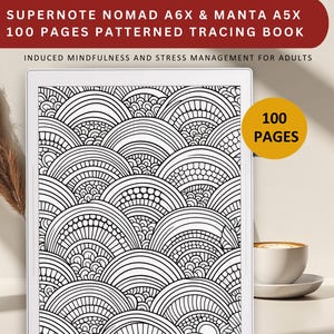 Peut inclure: Un livre de traçage à motifs noir et blanc de 100 pages. La couverture présente un motif répétitif de demi-cercles qui se chevauchent avec des motifs complexes. Le livre est intitulé "Supernote Nomad A6X & Manta A5X 100 Pages Patterned Tracing Book" et "Induced Mindfulness and Stress Management for Adults".