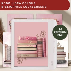 May include: A white Kobo Libra Colour e-reader with a pink background featuring a stack of books. The image includes the text "KOBO LIBRA COLOUR BIBLIOPHILE LOCKSCREENS" and a green circle with "16 PREMIUM PNG".