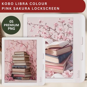 May include: White Kobo Libra Colour e-reader with a pink sakura blossom lockscreen. The image shows the e-reader with a stack of books and a floral background. The text on the image says "KOBO LIBRA COLOUR PINK SAKURA LOCKSCREEN".